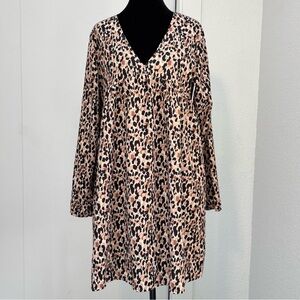 Leopard Print Babydoll Mini Dress V-Neck Long Sleeve Empire Waist Boho M Modern